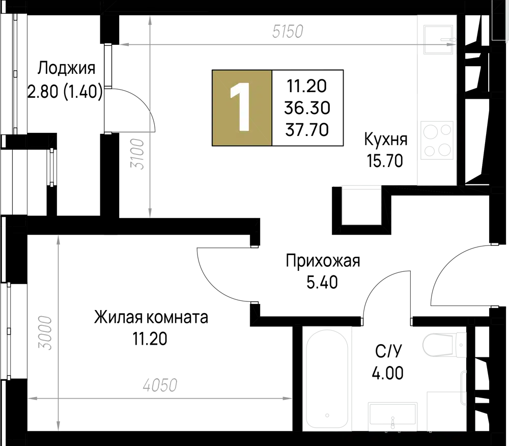 Планировка: 1-комн. квартира 37.70 м² в новостройке ЖК На Высоком берегу
