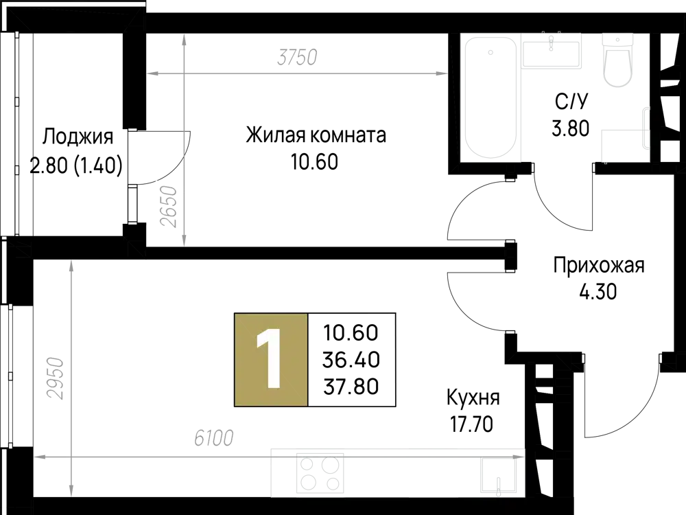 Планировка: 1-комн. квартира 37.80 м² в новостройке ЖК На Высоком берегу