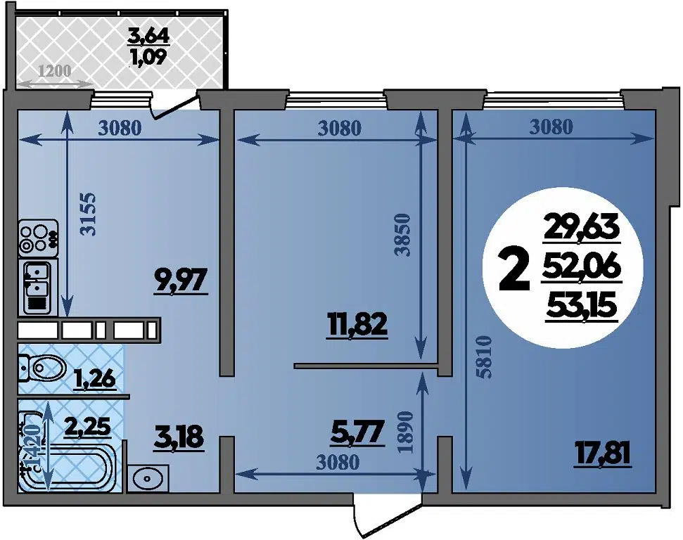 Планировка: 2-комн. квартира 53.15 м² в новостройке ЖК Романовский
