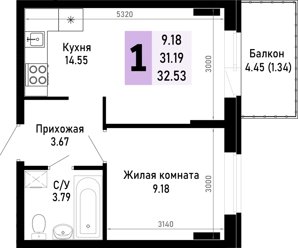 Планировка: 1-комн. квартира 32.53 м² в новостройке Усадьба Гостагаевская