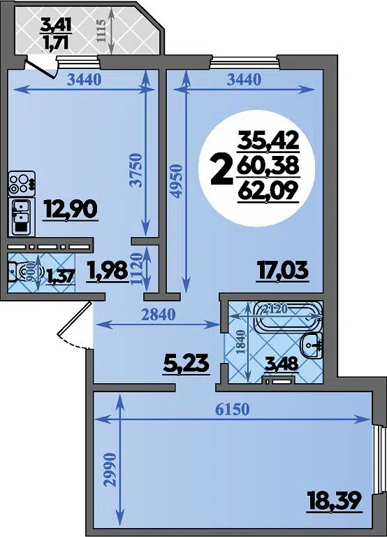 Планировка: 2-комн. квартира 62.09 м² в новостройке Молодежный 2 