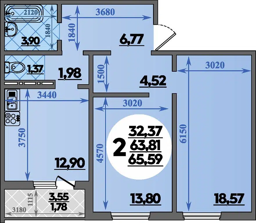Планировка: 2-комн. квартира 65.59 м² в новостройке Молодежный 2 