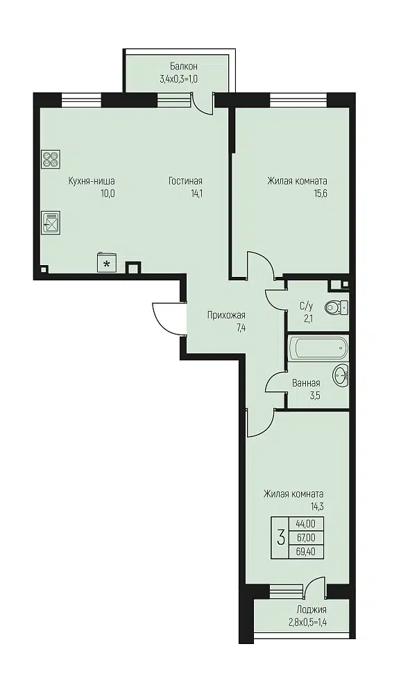 Планировка: 3-комн. квартира 70.10 м² в новостройке Нова Вита