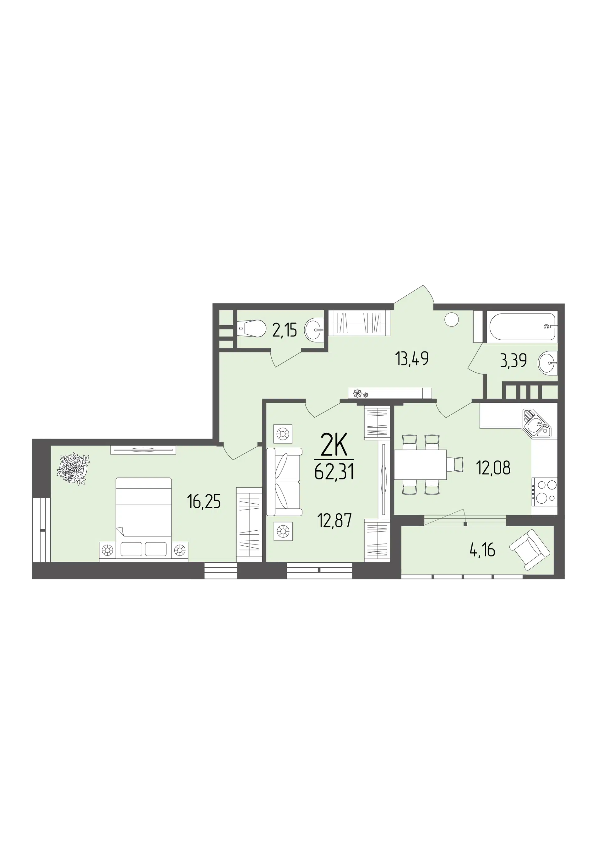 Планировка: 2-комн. квартира 62.31 м² в новостройке Клубный квартал Кумир