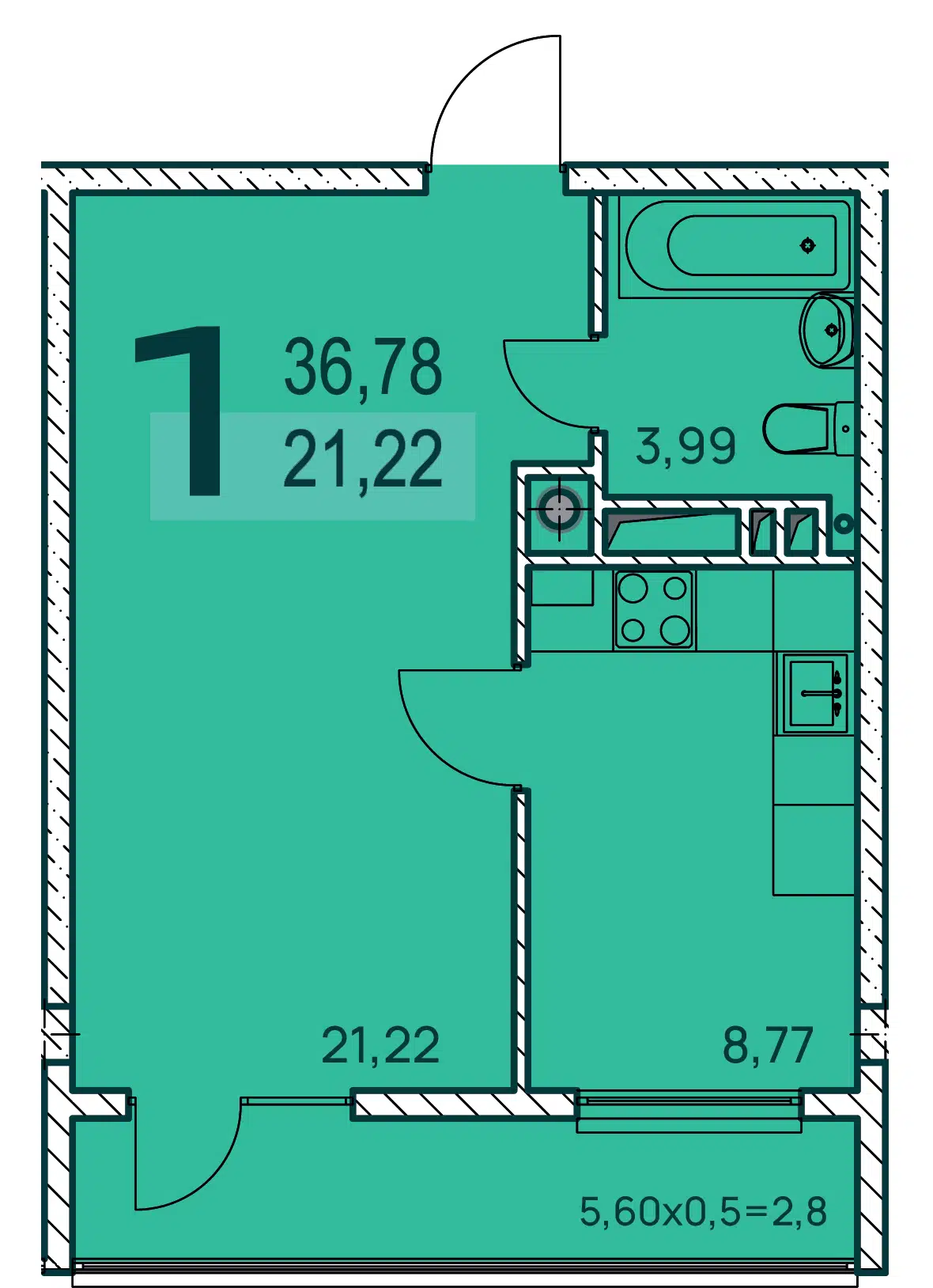 Планировка: 1-комн. квартира 38.25 м² в новостройке ЖК Две реки