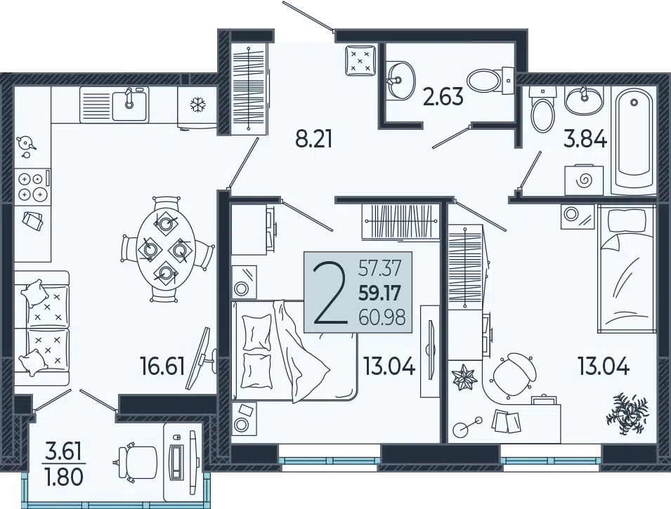 Планировка: 2-комн. квартира 59.17 м² в новостройке ЖК Эстет