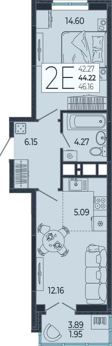 Планировка: 1-комн. квартира 44.22 м² в новостройке ЖК Эстет