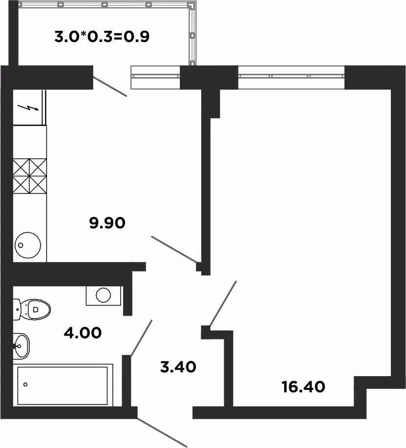 Планировка: 1-комн. квартира 34.60 м² в новостройке Нео-квартал Красная площадь