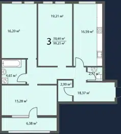 Планировка: 3-комн. квартира 99.25 м² в новостройке Жилой район Авторский