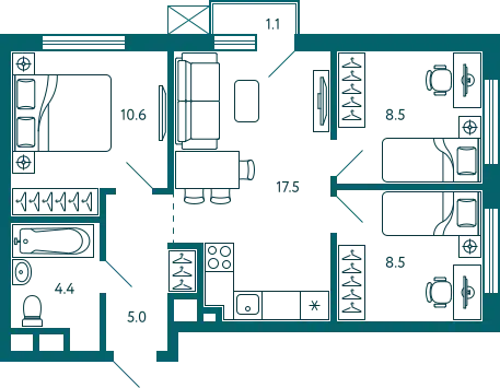 Планировка: 3-комн. квартира 54.80 м² в новостройке Садовые кварталы