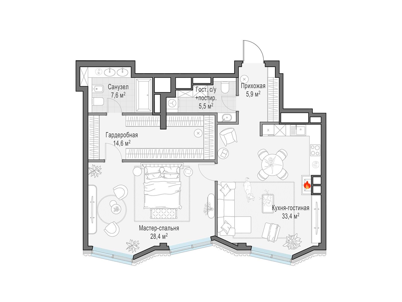 Планировка: 2-комн. квартира 94.90 м² в новостройке Тишинский бульвар