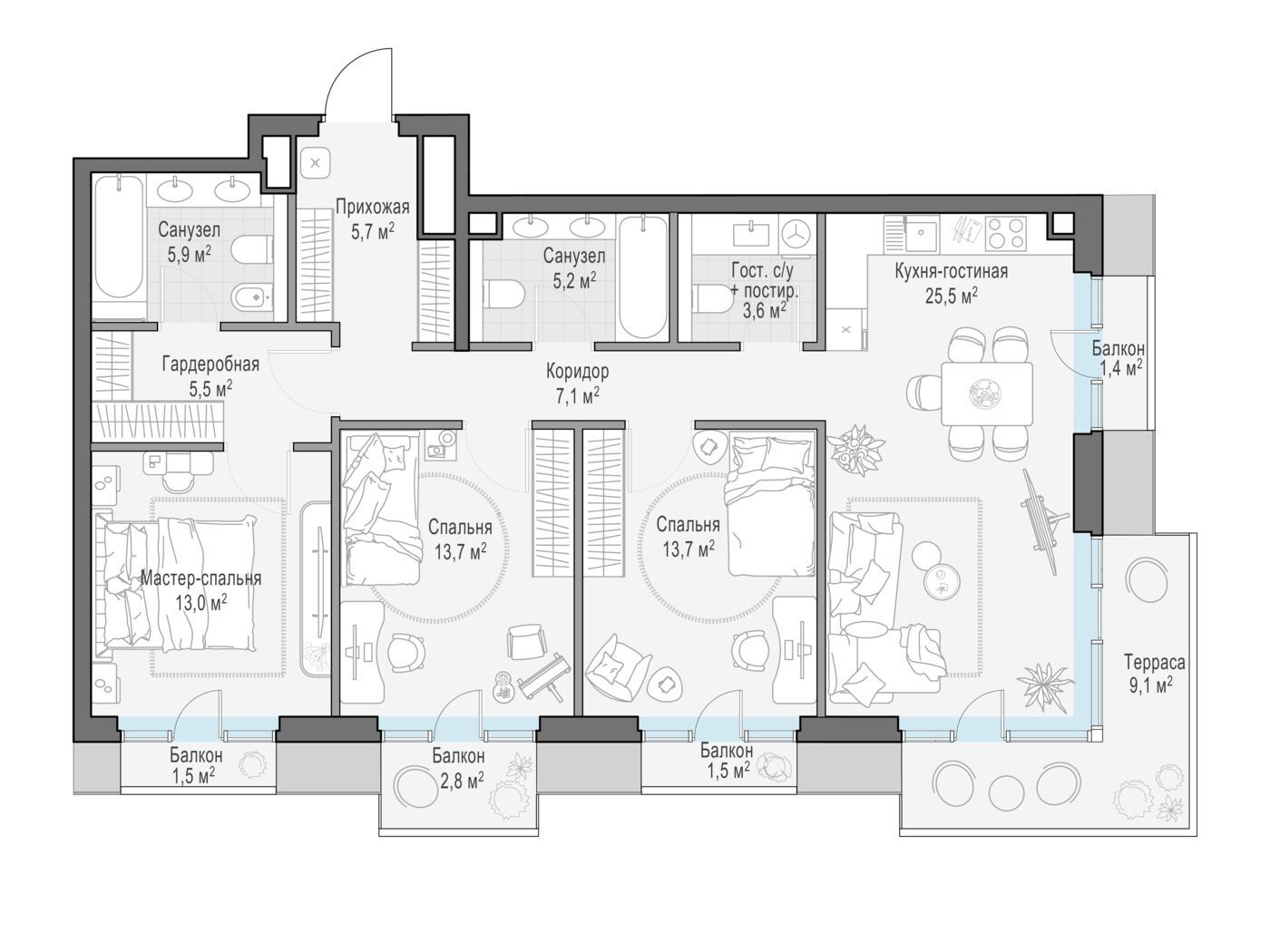 Планировка: 3-комн. квартира 103.80 м² в новостройке Тишинский бульвар