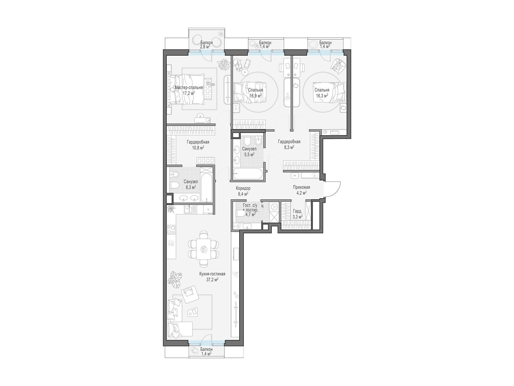 Планировка: 3-комн. квартира 138.40 м² в новостройке Тишинский бульвар