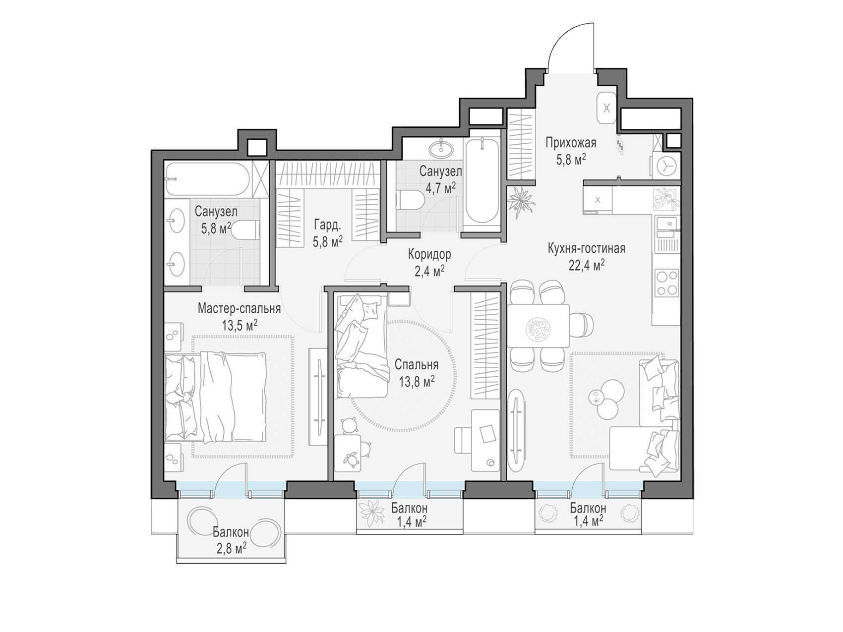 Планировка: 2-комн. квартира 75.30 м² в новостройке Тишинский бульвар