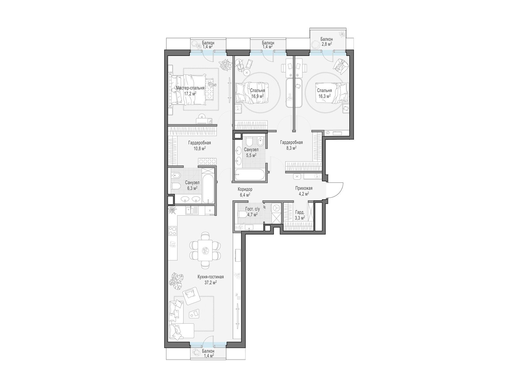 Планировка: 3-комн. квартира 138.50 м² в новостройке Тишинский бульвар