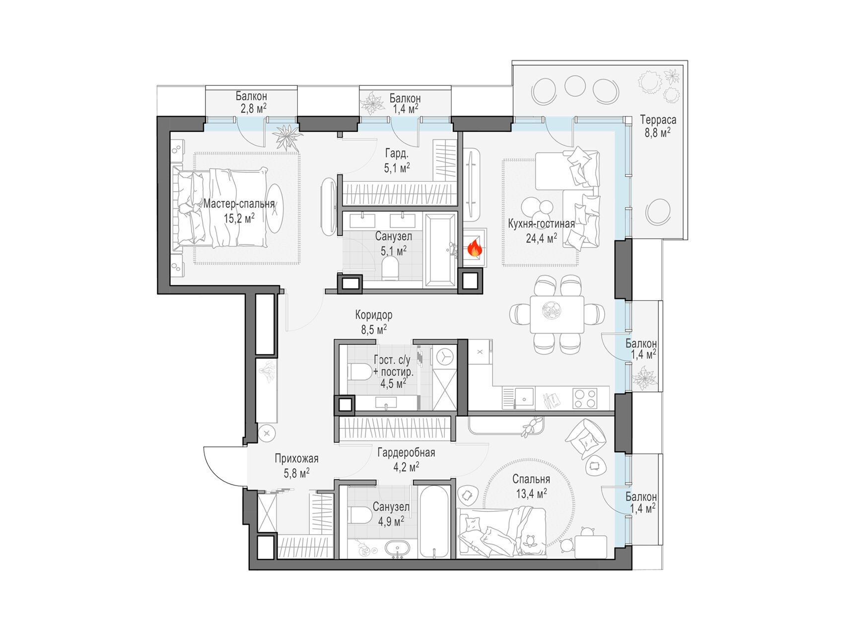 Планировка: 2-комн. квартира 95.60 м² в новостройке Тишинский бульвар