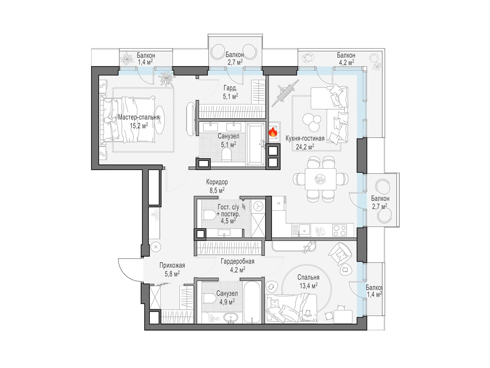 Планировка: 2-комн. квартира 94.80 м² в новостройке Тишинский бульвар