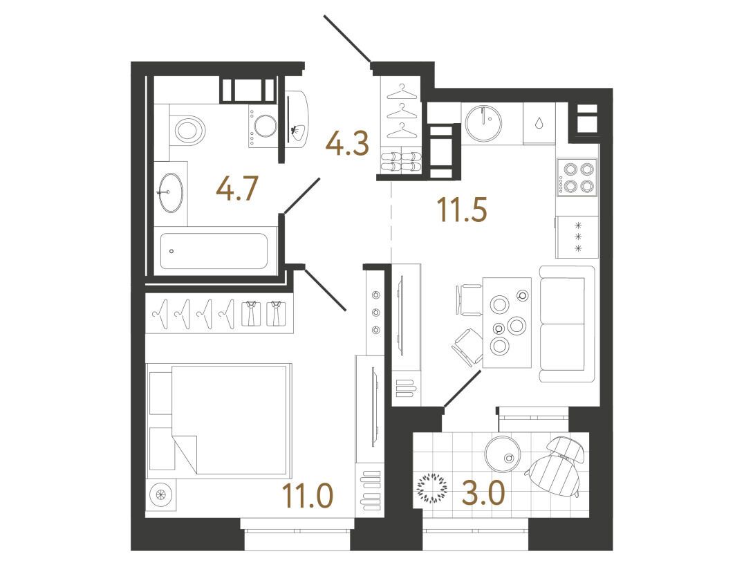 Планировка: 1-комн. квартира 31.50 м² в новостройке ЖК Куинджи