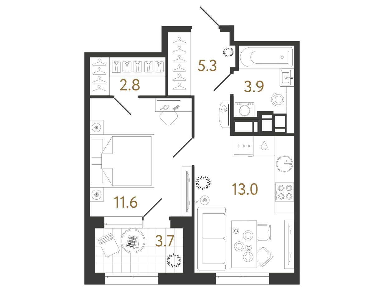 Планировка: 1-комн. квартира 36.60 м² в новостройке ЖК Струны