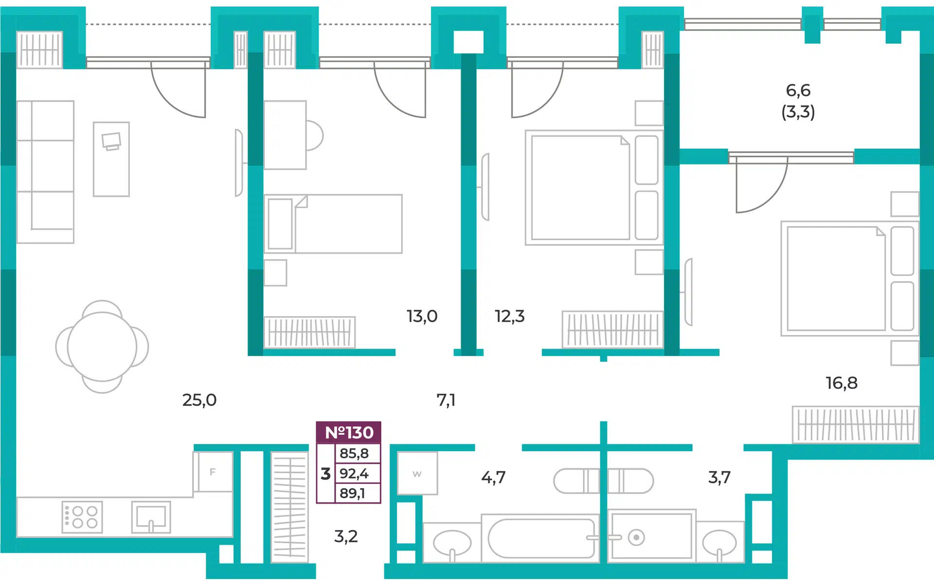 Планировка: 3-комн. квартира 89.10 м² в новостройке ЖК Омега