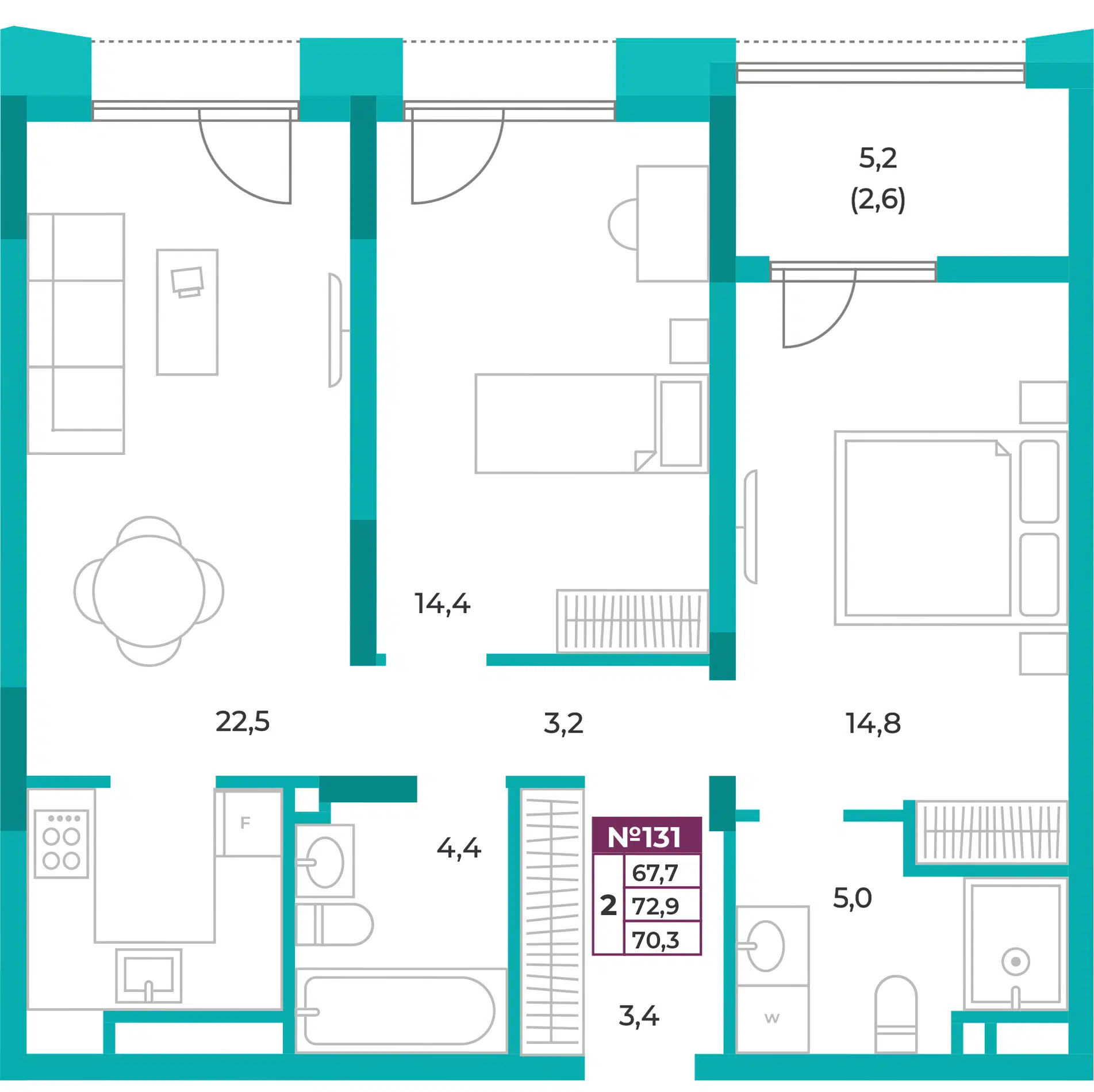 Планировка: 2-комн. квартира 70.30 м² в новостройке ЖК Омега