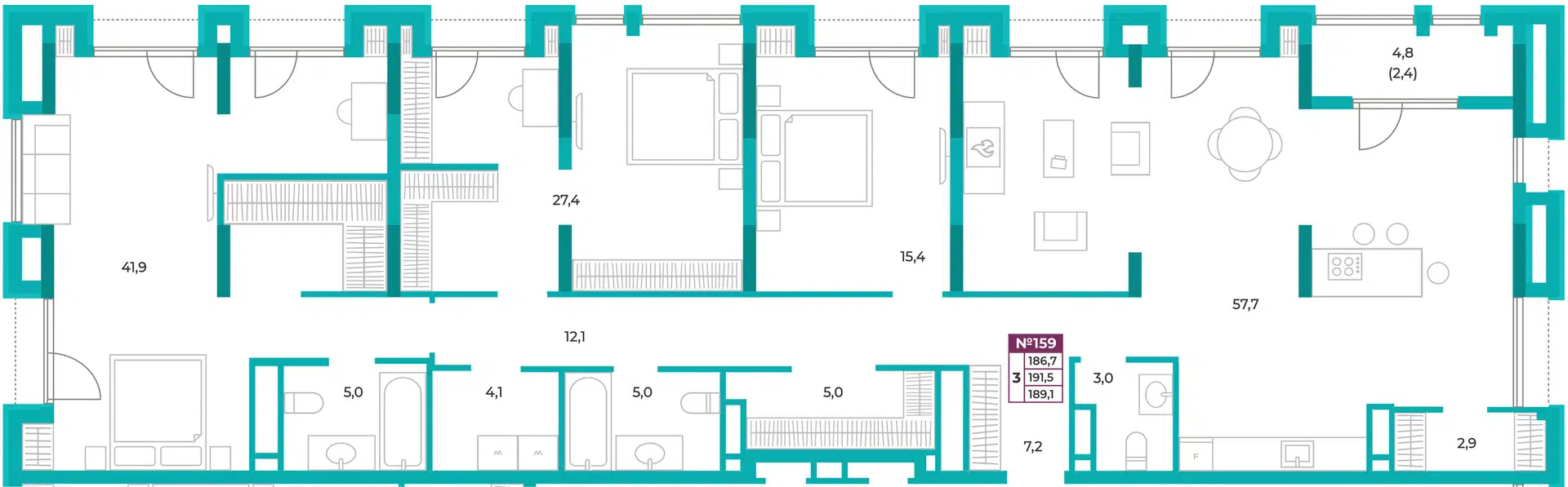 Планировка: 3-комн. квартира 189.10 м² в новостройке ЖК Омега