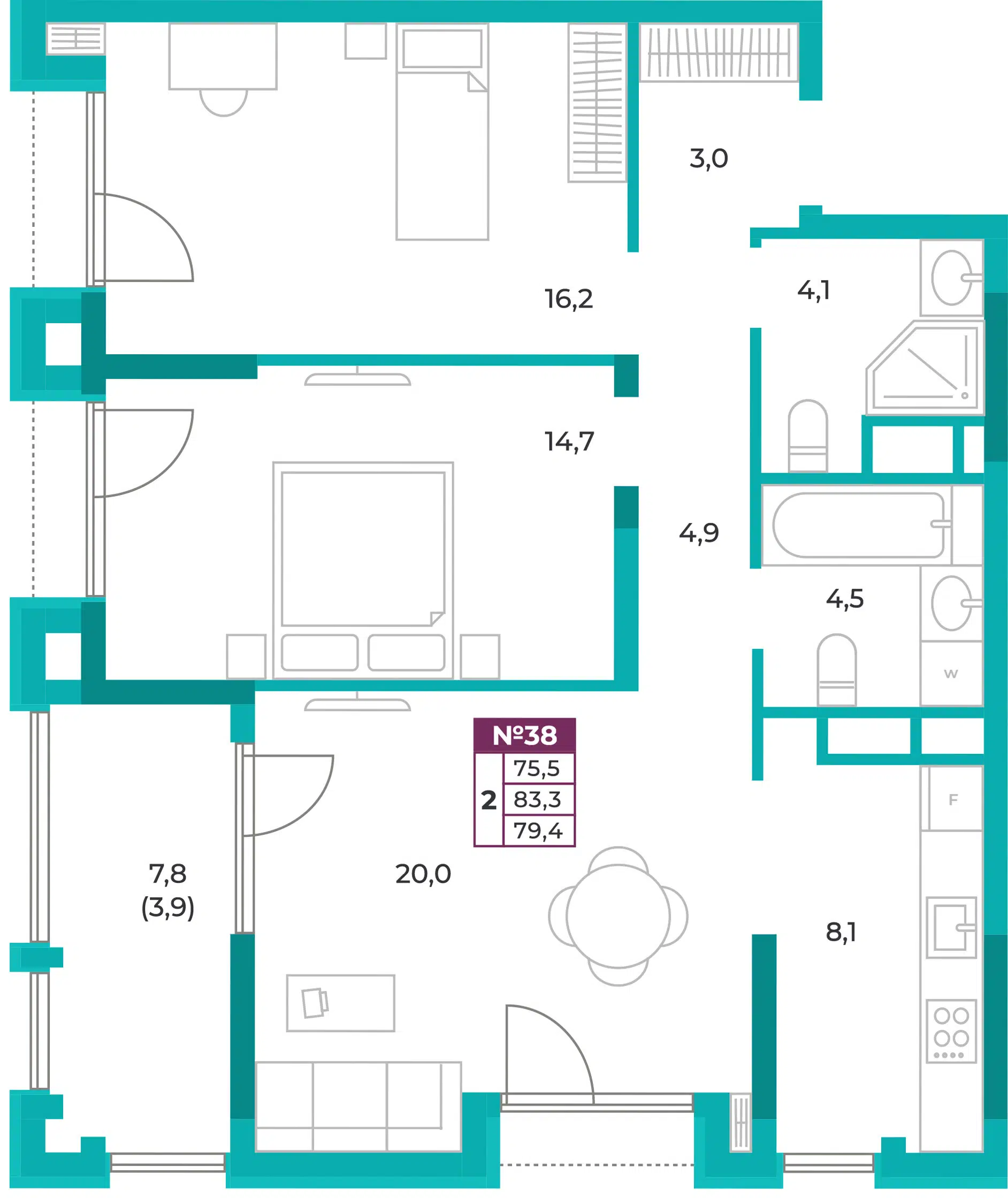 Планировка: 2-комн. квартира 79.40 м² в новостройке ЖК Омега