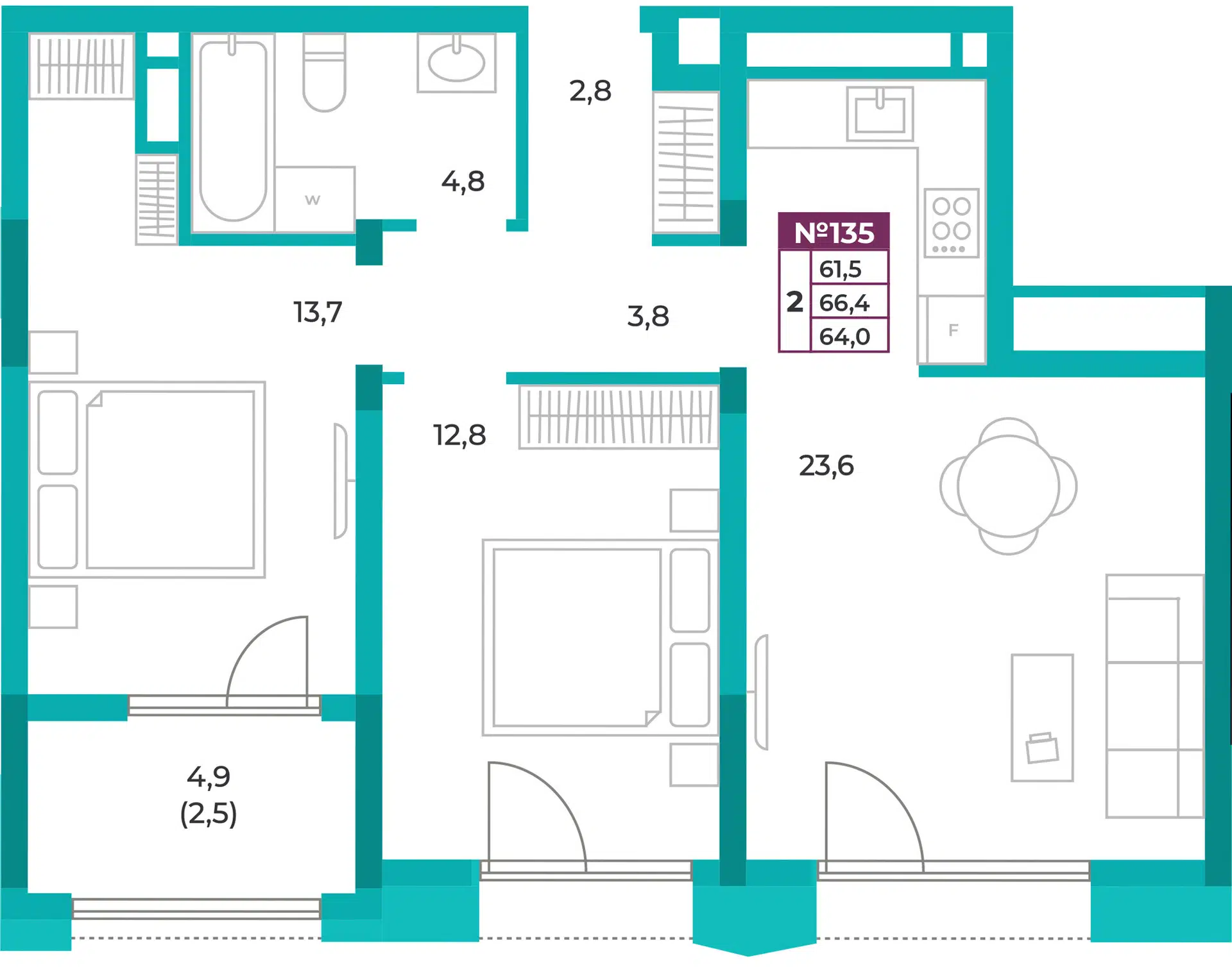 Планировка: 2-комн. квартира 64.00 м² в новостройке ЖК Омега