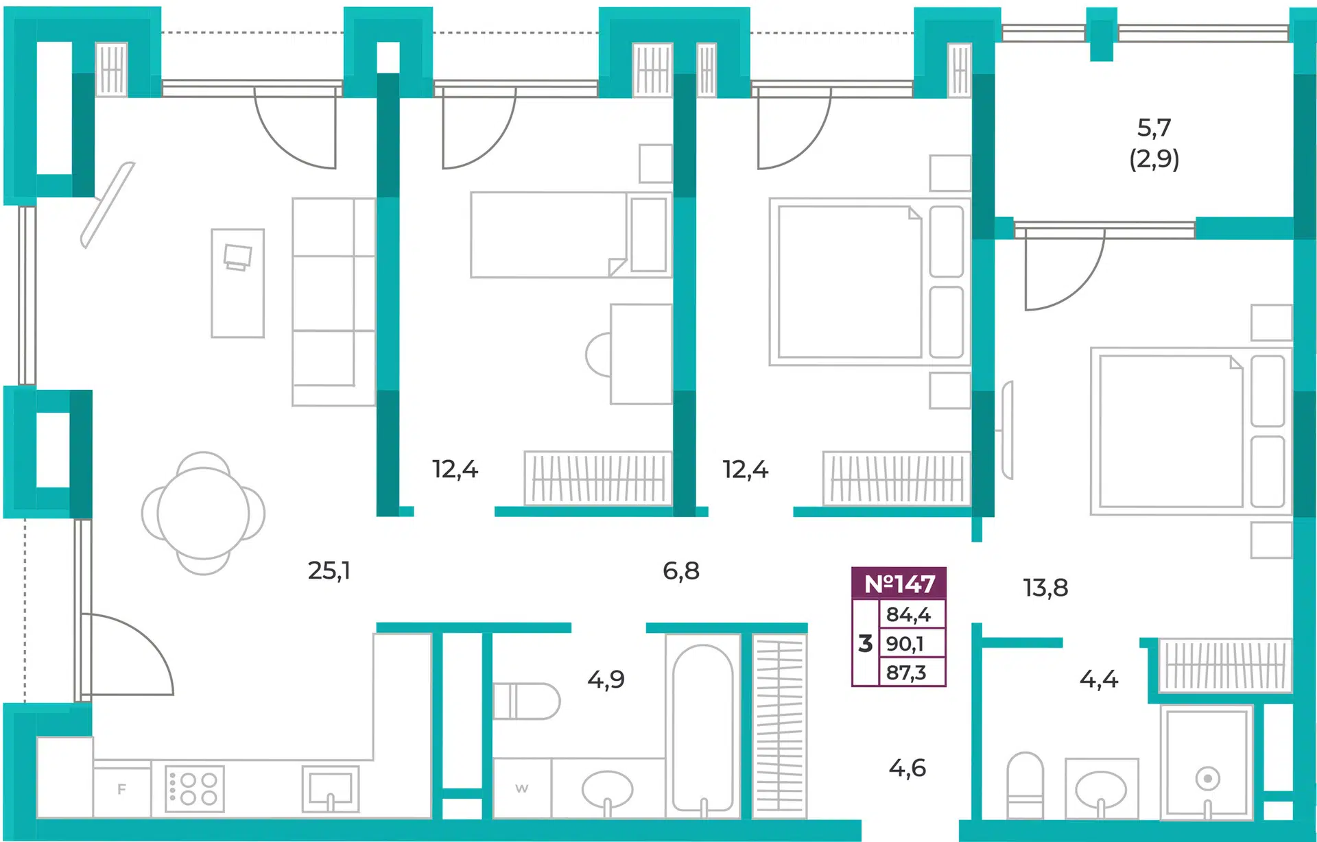 Планировка: 3-комн. квартира 87.30 м² в новостройке ЖК Омега
