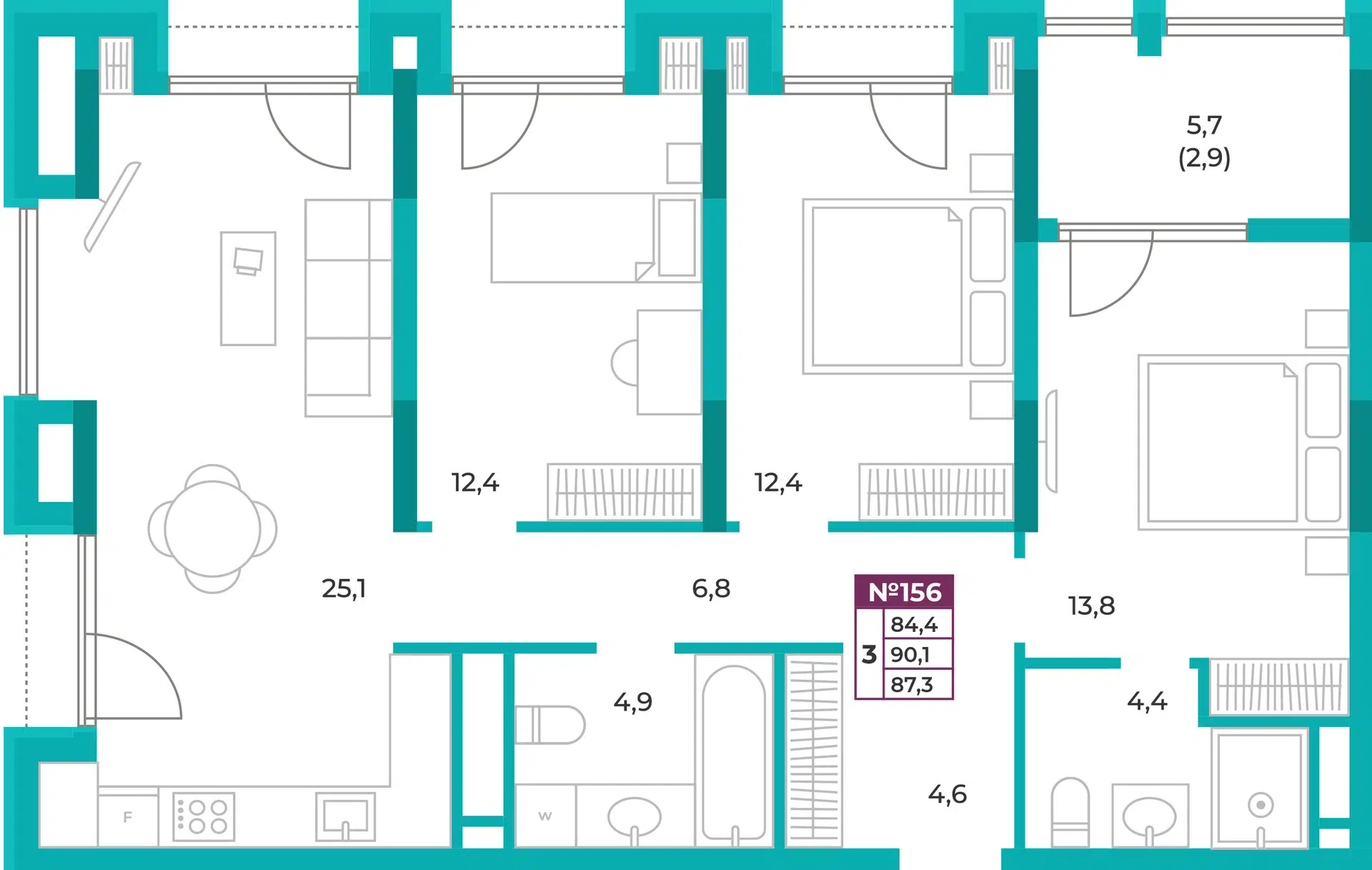 Планировка: 3-комн. квартира 87.30 м² в новостройке ЖК Омега