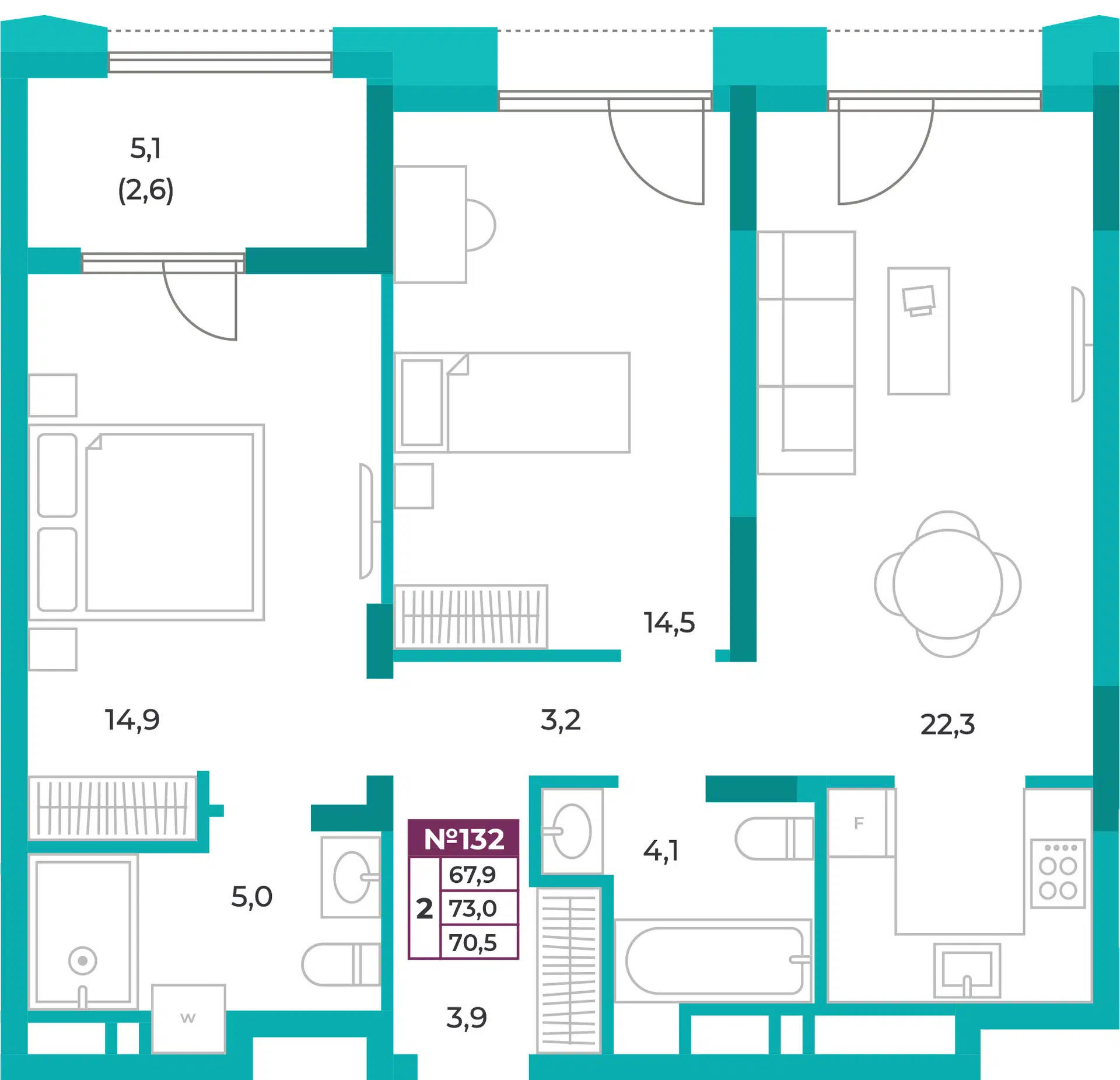 Планировка: 2-комн. квартира 70.50 м² в новостройке ЖК Омега