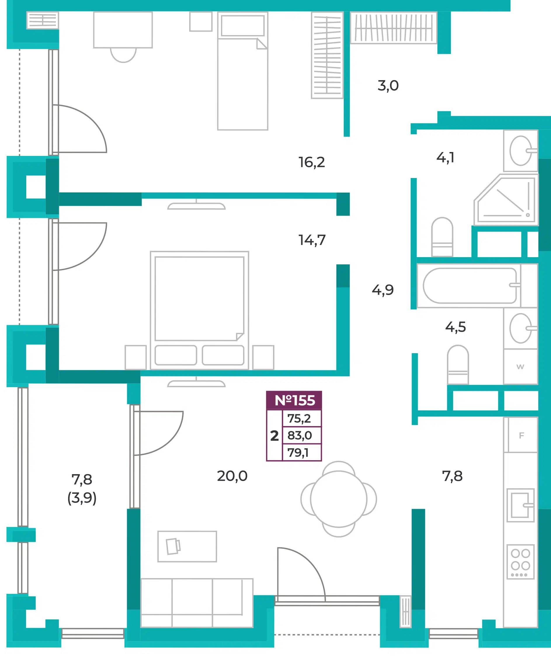 Планировка: 2-комн. квартира 79.10 м² в новостройке ЖК Омега