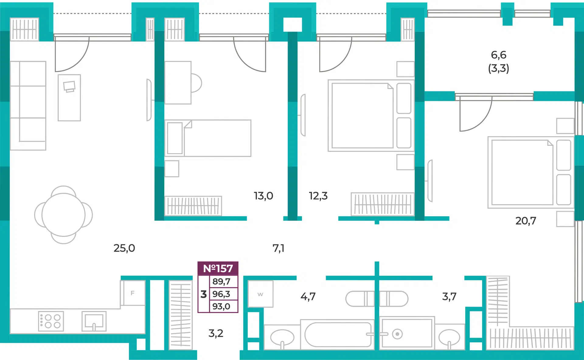 Планировка: 3-комн. квартира 93.00 м² в новостройке ЖК Омега