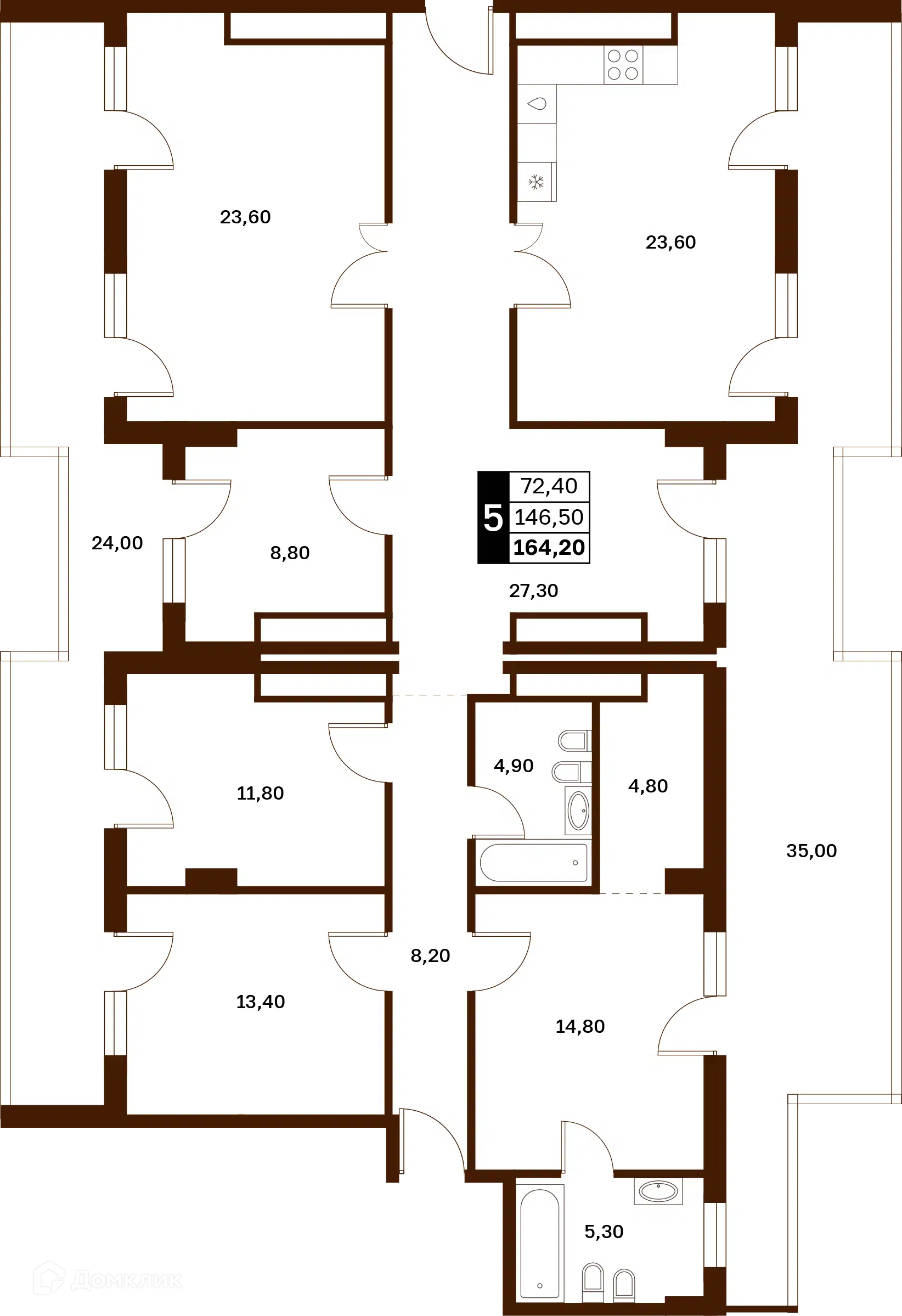 Планировка: 5-комн. квартира 164.20 м² в новостройке Аксис Патриот