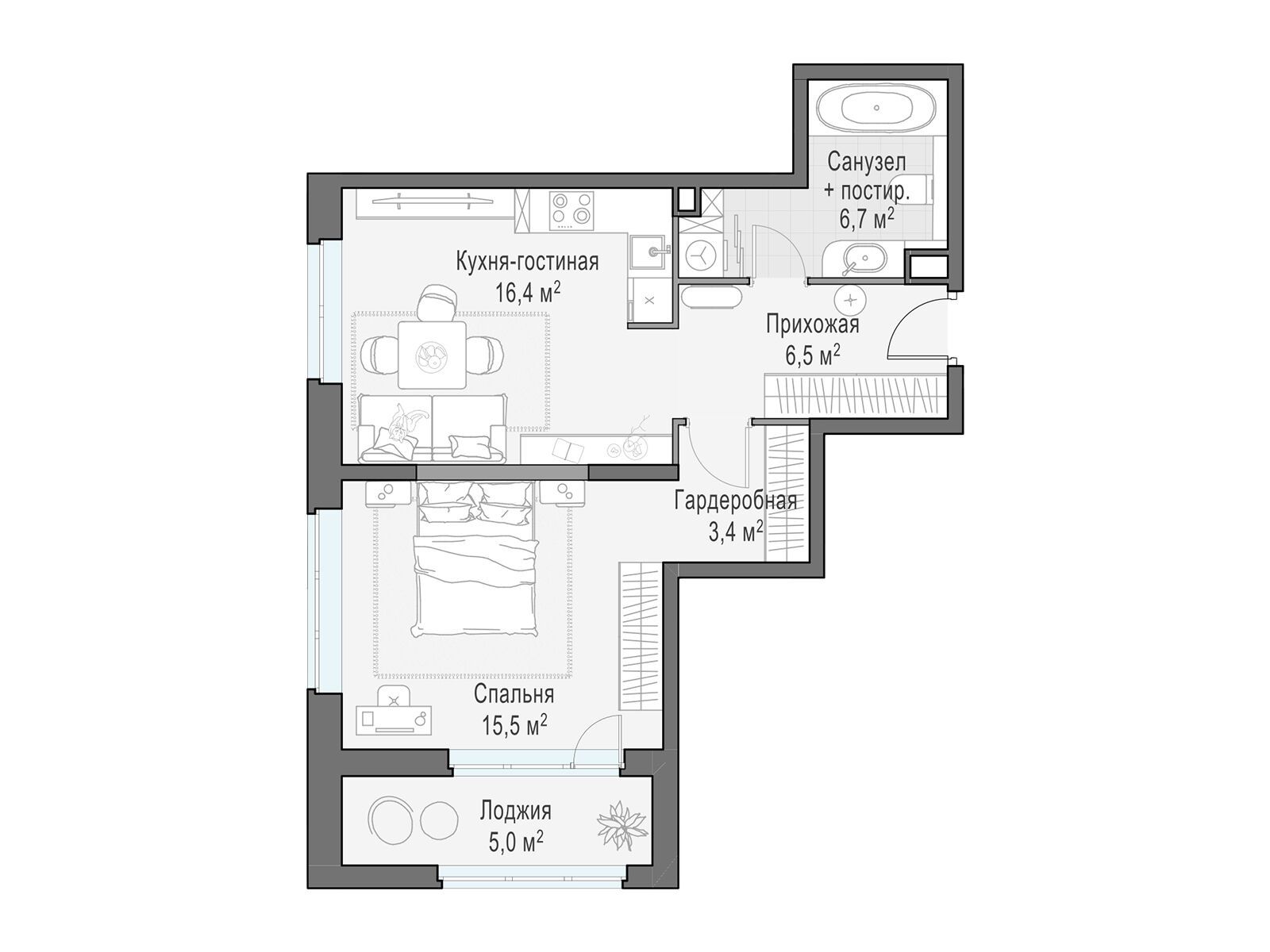 Планировка: 1-комн. квартира 48.60 м² в новостройке Новое Медведково