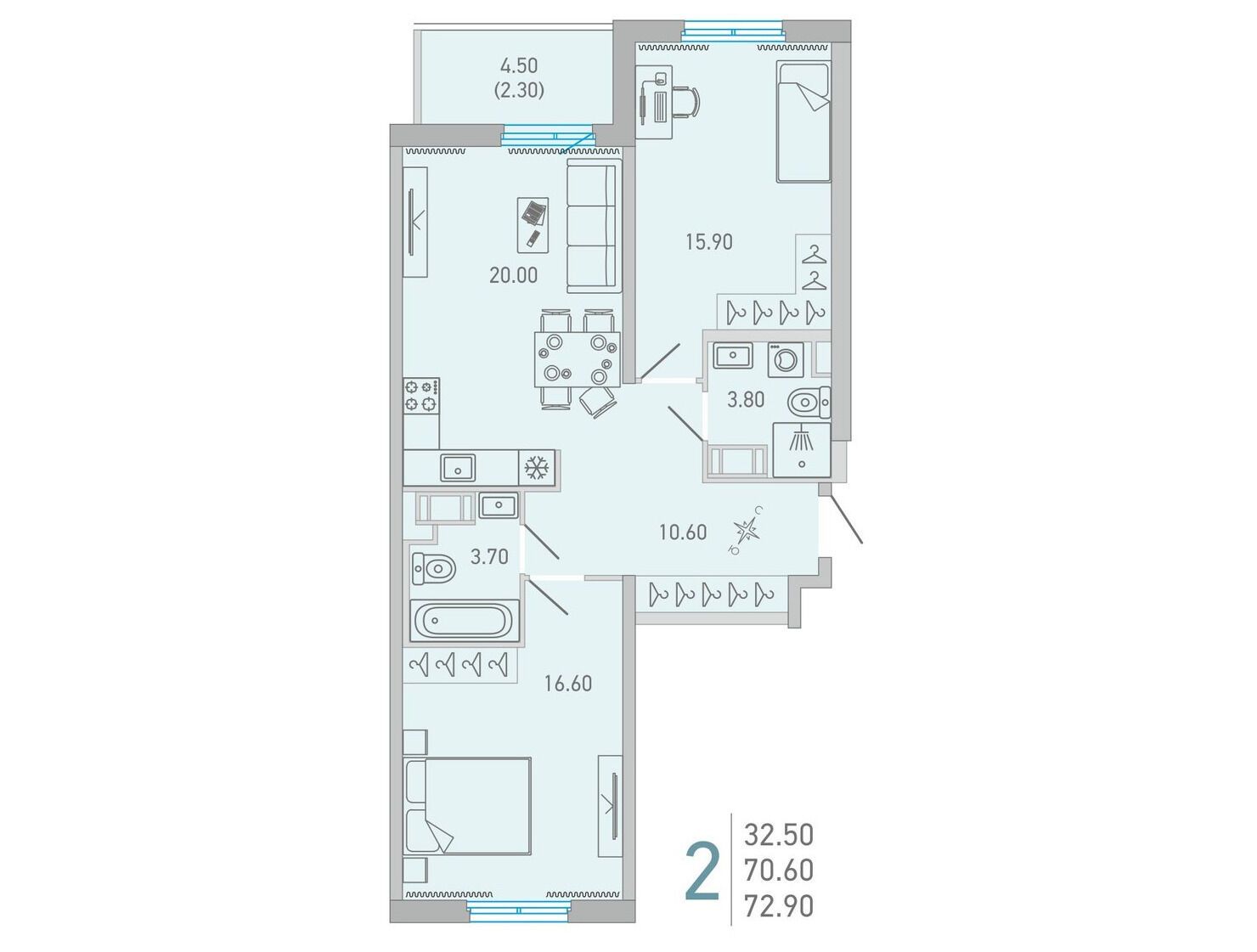 Планировка: 2-комн. квартира 72.90 м² в новостройке Лово