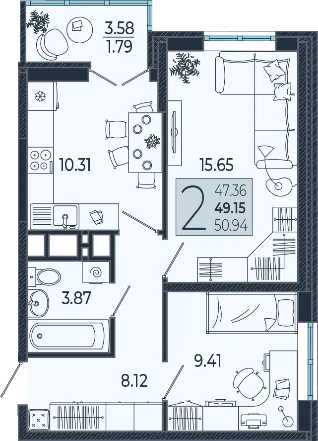 Планировка: 2-комн. квартира 49.35 м² в новостройке ЖК Эстет
