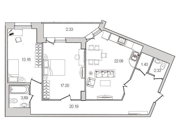 Планировка: 2-комн. квартира 85.20 м² в новостройке Шекспир