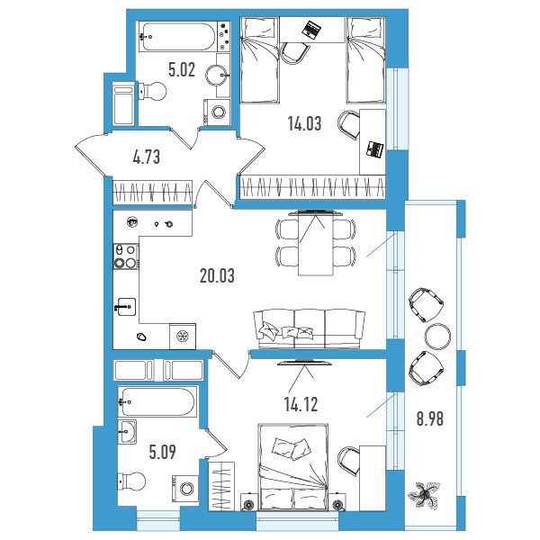 Планировка: 2-комн. квартира 65.71 м² в новостройке ЖК Искра Сити
