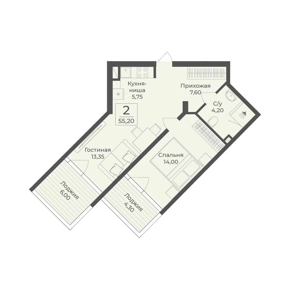 Планировка: 2-комн. квартира 55.20 м² в новостройке Тамерун