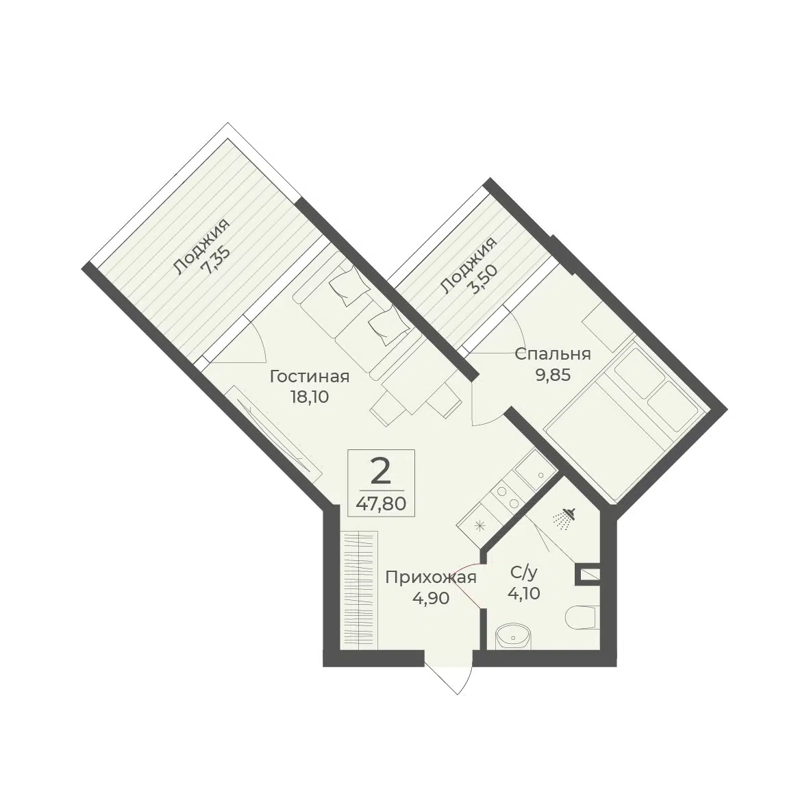 Планировка: 2-комн. квартира 47.80 м² в новостройке Апарт-комплекс Тамерун