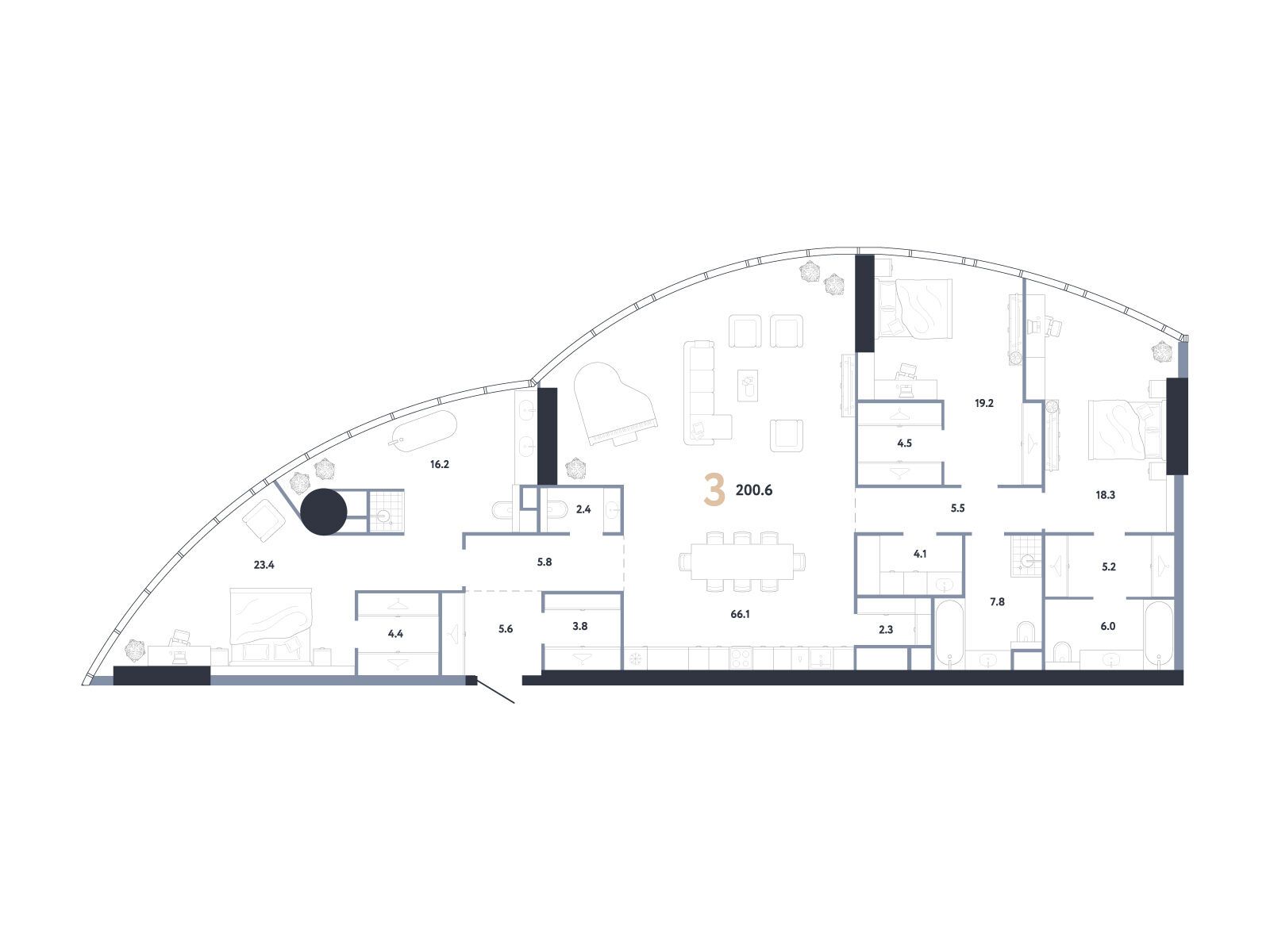 Планировка: 3-комн. квартира 200.60 м² в новостройке ЖК АУРУС Резиденции