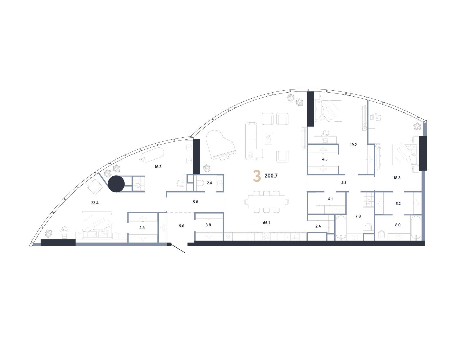 Планировка: 3-комн. квартира 200.70 м² в новостройке ЖК АУРУС Резиденции