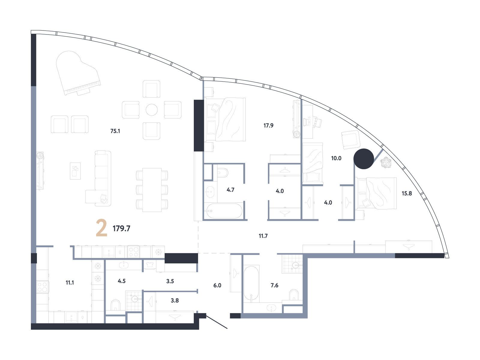 Планировка: 3-комн. квартира 179.70 м² в новостройке ЖК АУРУС Резиденции