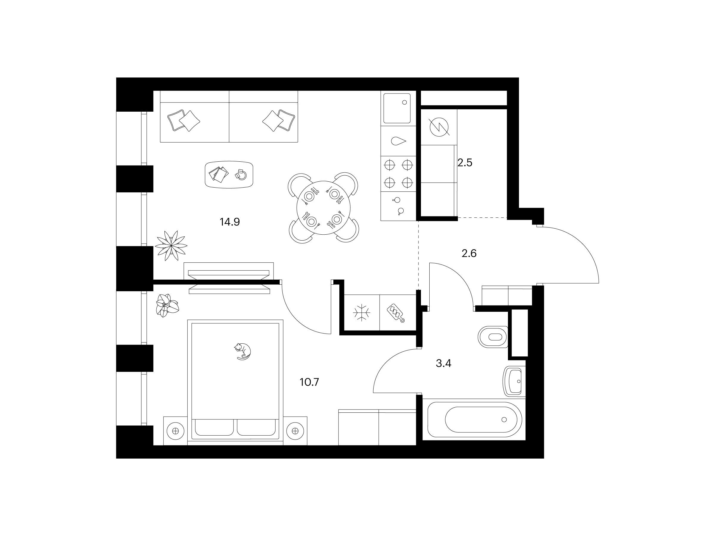 Планировка: 1-комн. квартира 34.10 м² в новостройке Строгино 360