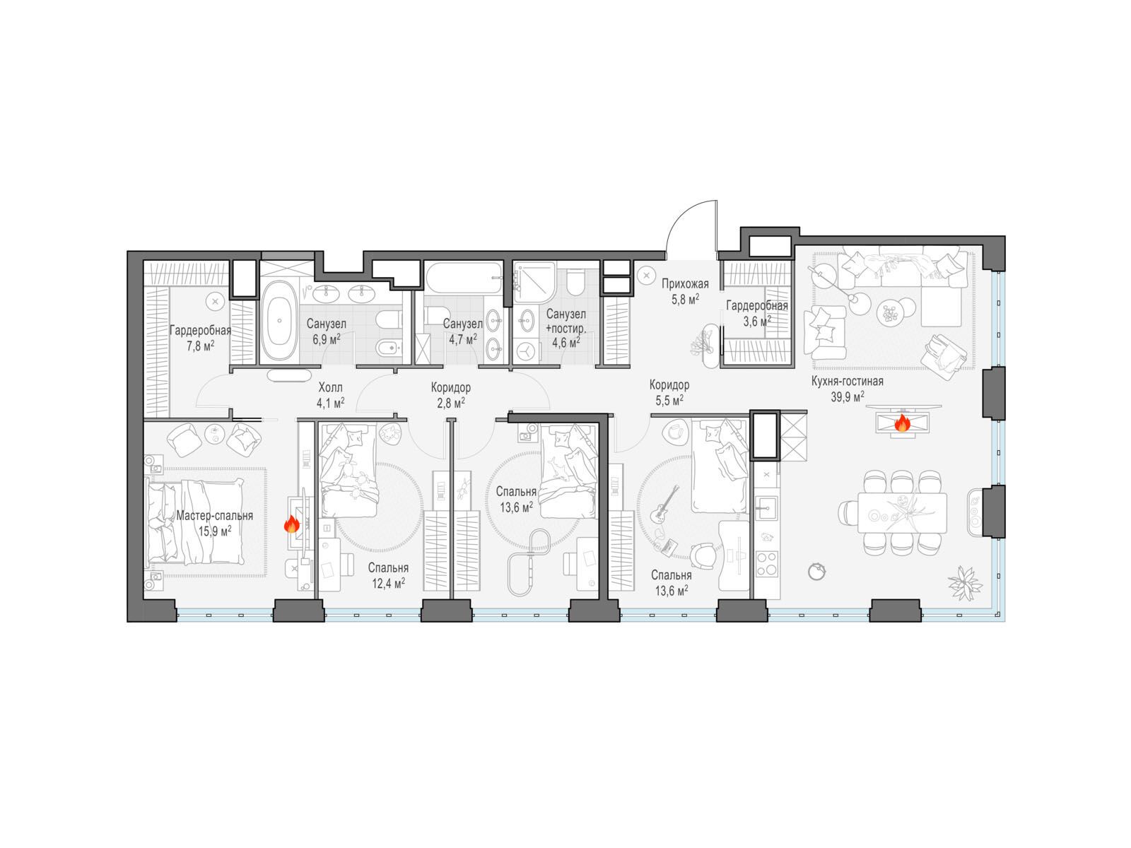 Планировка: 4-комн. квартира 141.30 м² в новостройке Вест Гарден