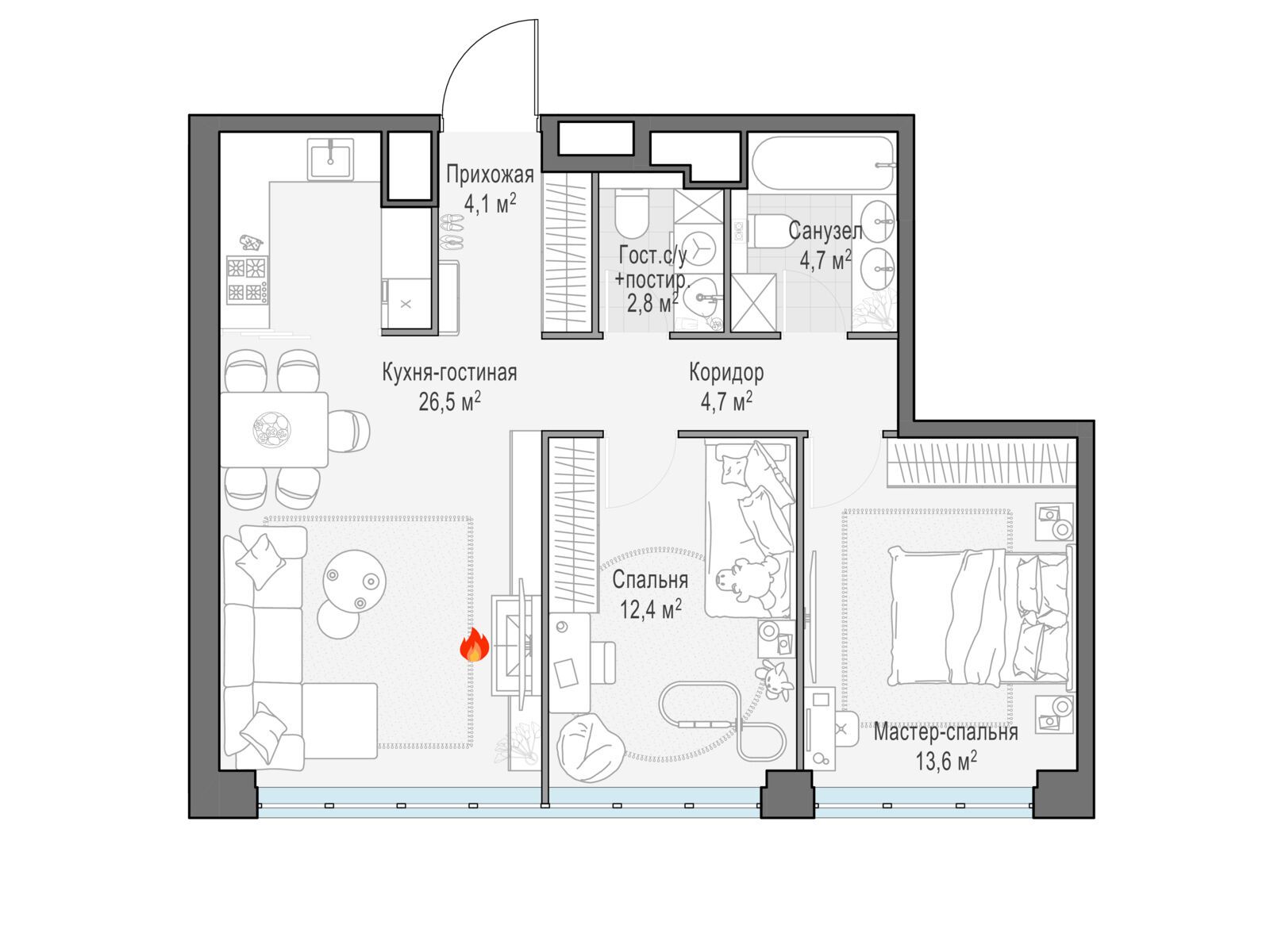 Планировка: 2-комн. квартира 69.60 м² в новостройке Вест Гарден