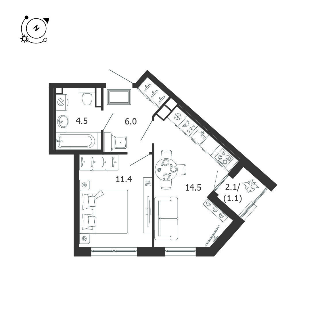 Планировка: 1-комн. квартира 37.50 м² в новостройке Пулковский дом