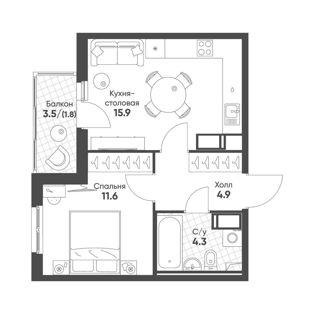 Планировка: 1-комн. квартира 38.50 м² в новостройке ЖК Клюква Парк