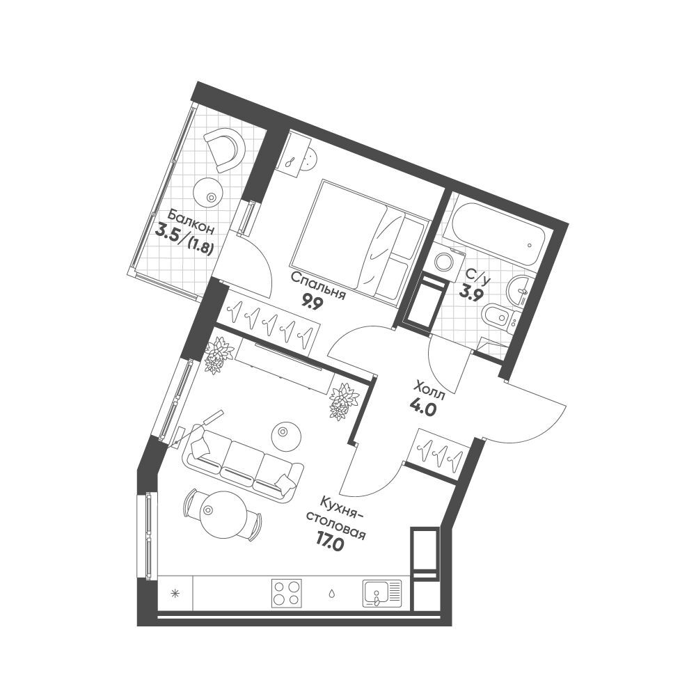 Планировка: 1-комн. квартира 36.60 м² в новостройке ЖК Клюква Парк